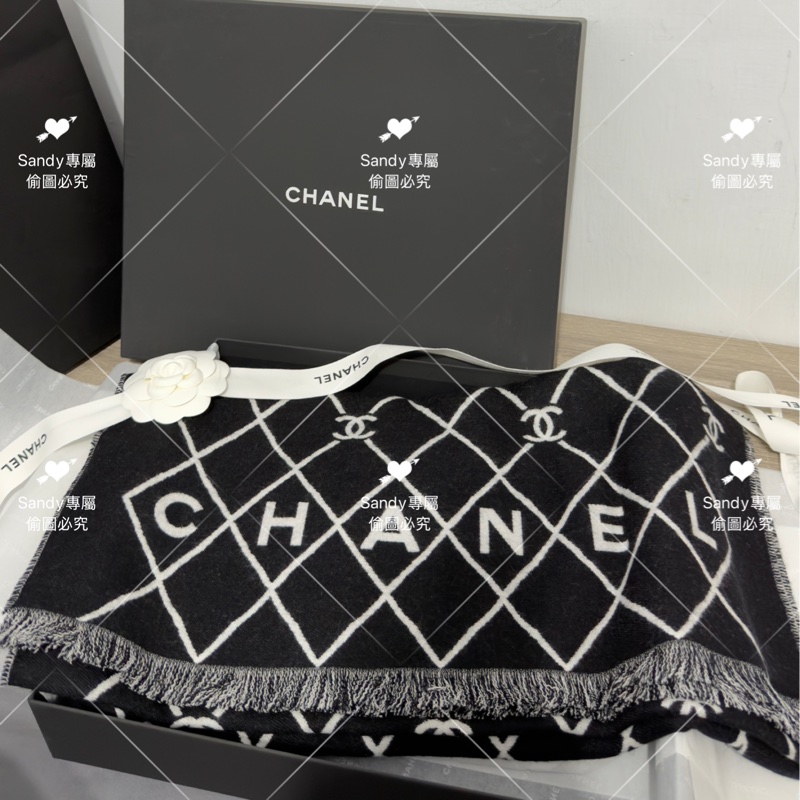 附盒子 Chanel 26p 爆款經典菱格圍巾🧣 全新全配 黑色-35