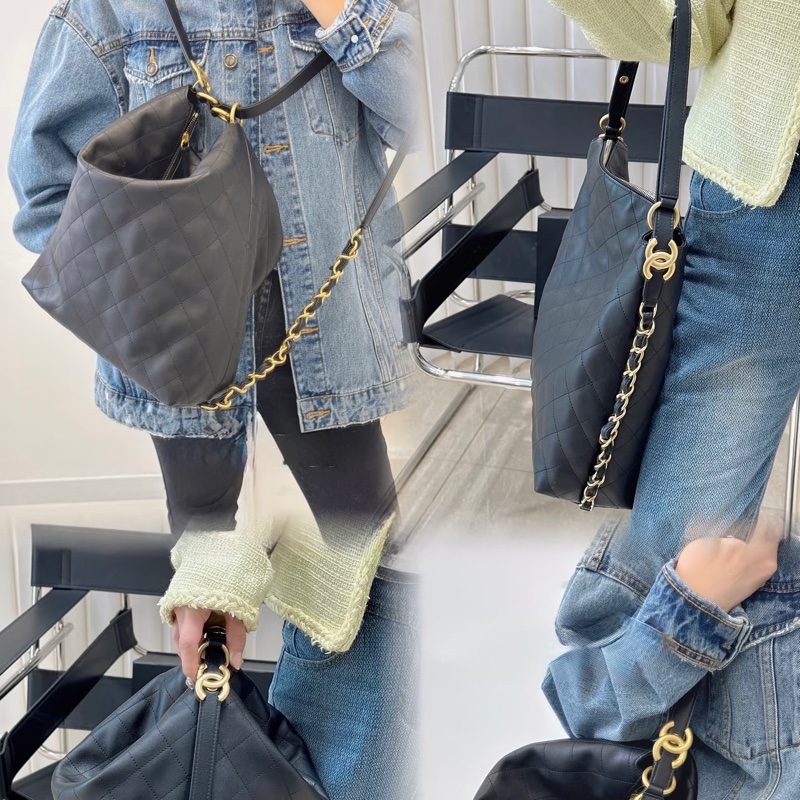 香奈兒25s Chanel 黑金嬉皮 hobo bag中號-10