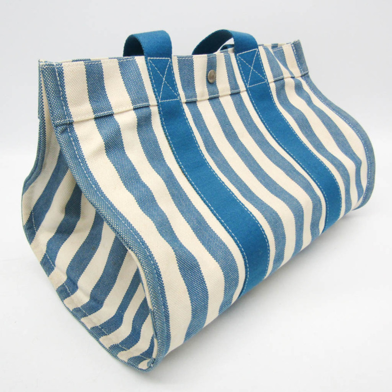 愛馬仕 Cannes MM 男女棉帆布手提包 藍色/白色-5