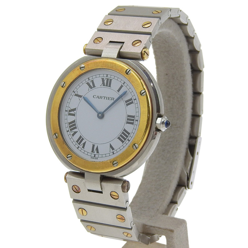 卡地亞 Santos 圓形 LM 腕錶，Cal. 81 機芯，精鋼及 18K 黃金材質，銀色石英機芯，指針式顯示，白色錶盤，男士款-1
