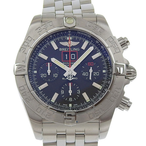 百年靈黑鳥計時腕錶 A4436010/BB71，不鏽鋼錶殼，銀色錶盤，自動上鍊，海軍藍錶盤，男款