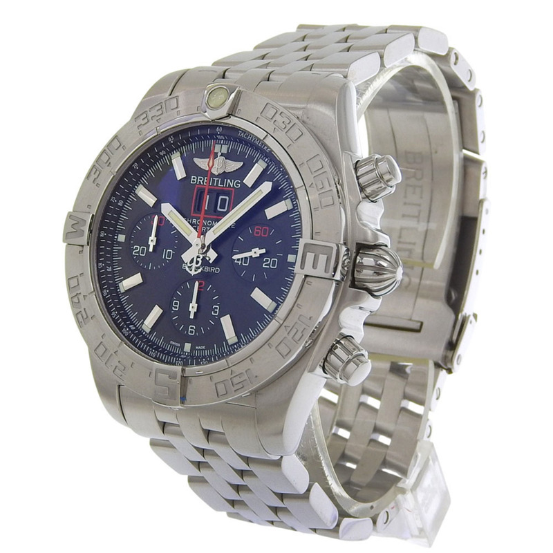 百年靈黑鳥計時腕錶 A4436010/BB71，不鏽鋼錶殼，銀色錶盤，自動上鍊，海軍藍錶盤，男款-1