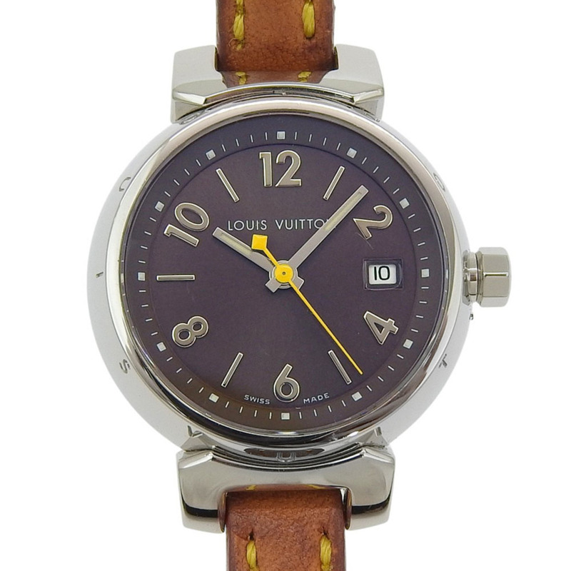 路易威登 Tambour Q1211 女士腕錶，不鏽鋼和皮革錶帶，石英機芯，指針式顯示，黑色錶盤-0