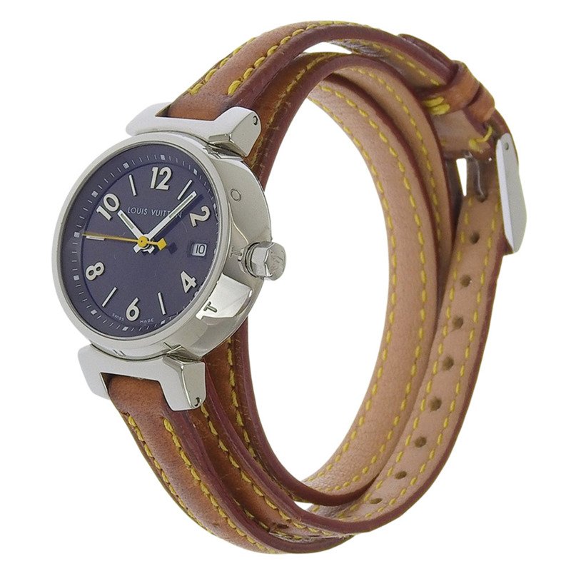 路易威登 Tambour Q1211 女士腕錶，不鏽鋼和皮革錶帶，石英機芯，指針式顯示，黑色錶盤-1