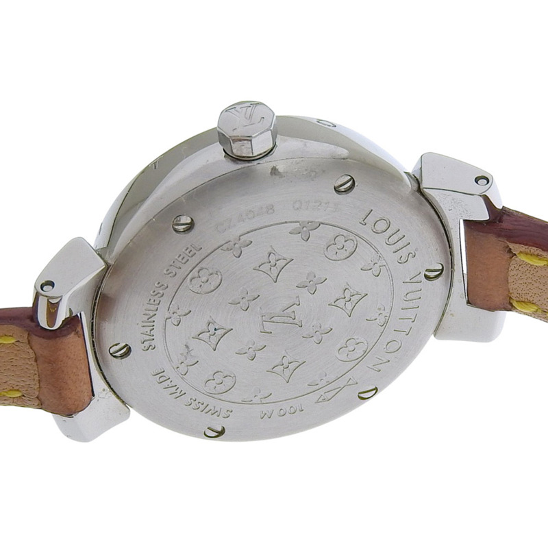 路易威登 Tambour Q1211 女士腕錶，不鏽鋼和皮革錶帶，石英機芯，指針式顯示，黑色錶盤-3