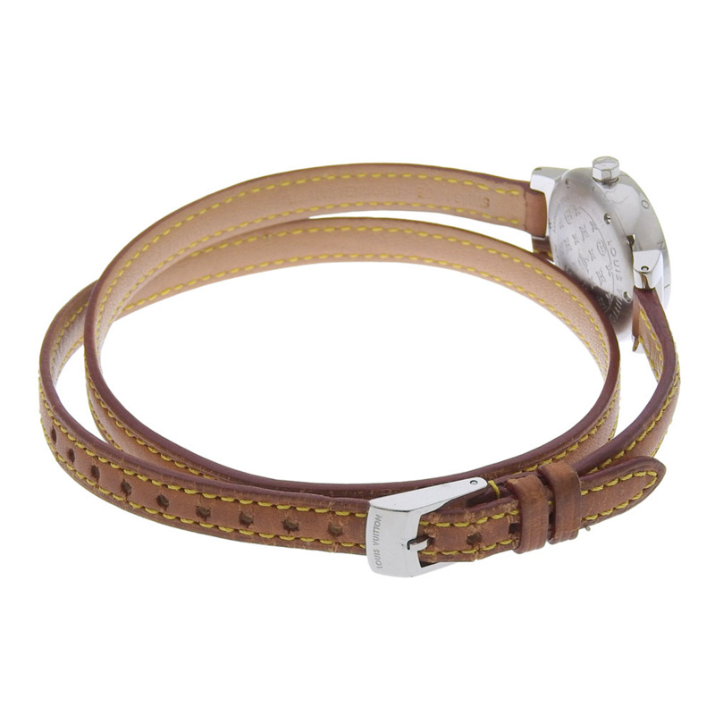 路易威登 Tambour Q1211 女士腕錶，不鏽鋼和皮革錶帶，石英機芯，指針式顯示，黑色錶盤-5