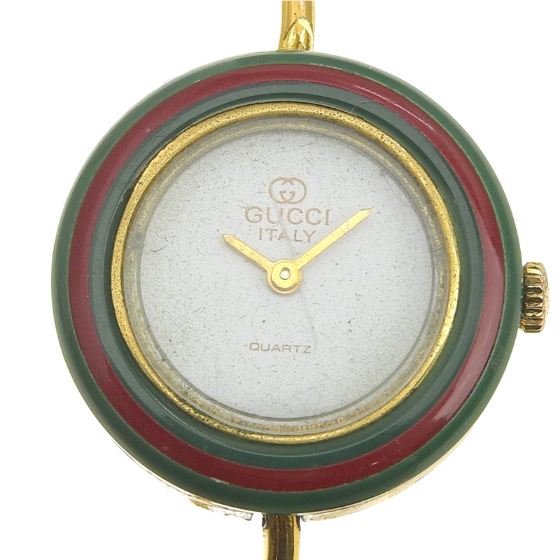 Gucci 女士鍍金石英腕錶，可更換錶圈，模擬顯示，白色錶盤-0