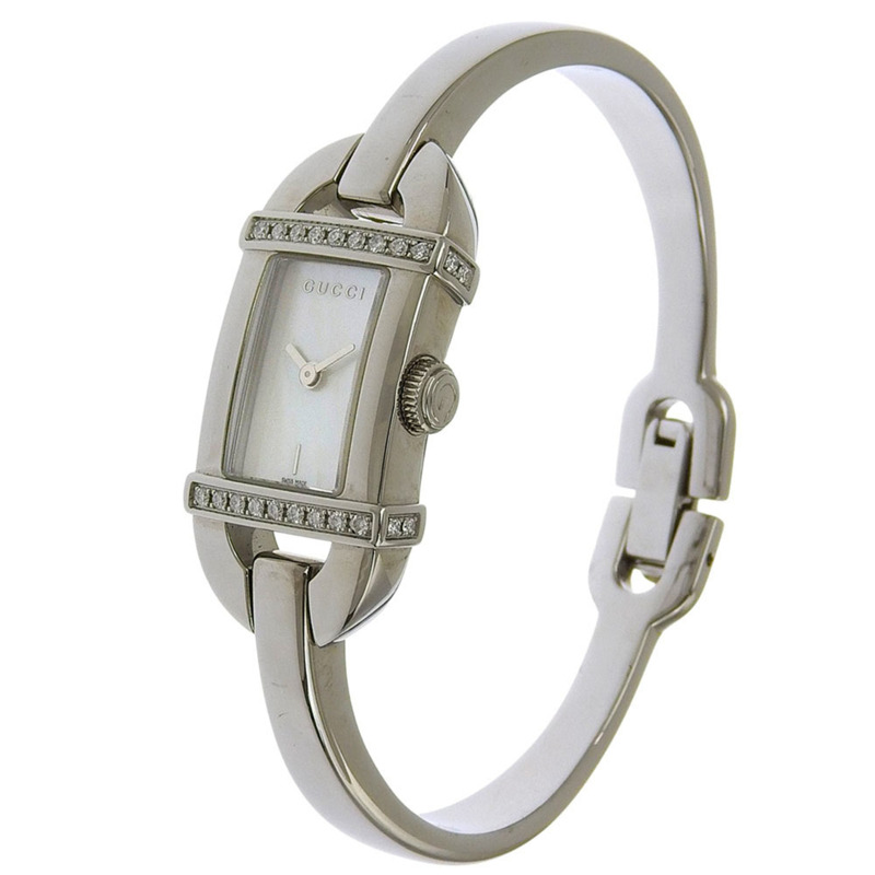 Gucci 6800L 女士不鏽鋼鑲鑽石英腕錶，白色錶盤，指針式顯示-1