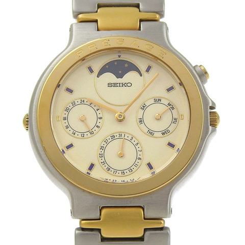 精工 Presage 女士月相腕錶 7F38-6040 不鏽鋼石英計時表，象牙色錶盤