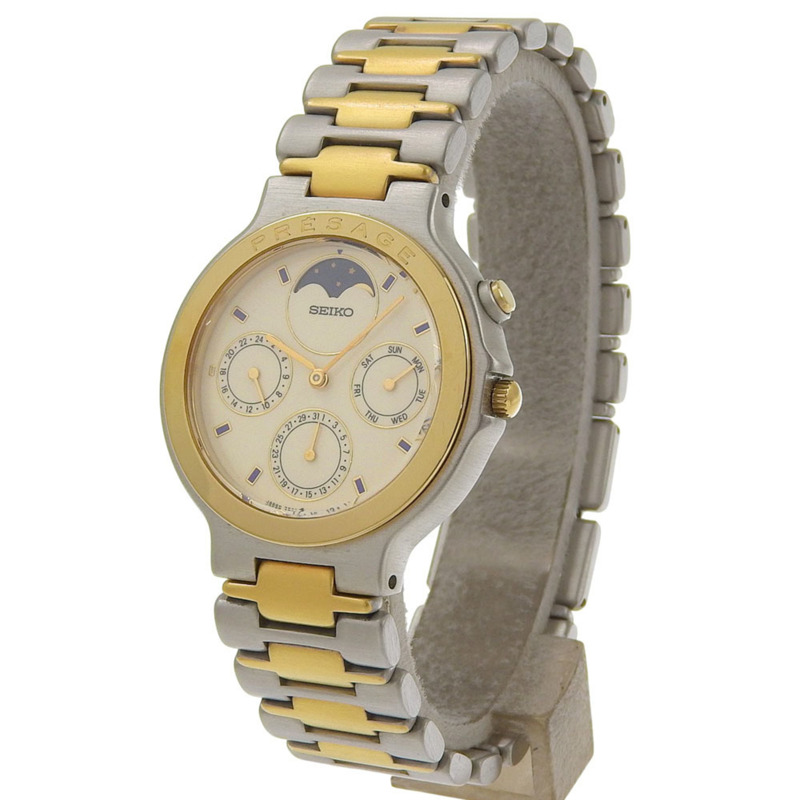 精工 Presage 女士月相腕錶 7F38-6040 不鏽鋼石英計時表，象牙色錶盤-1