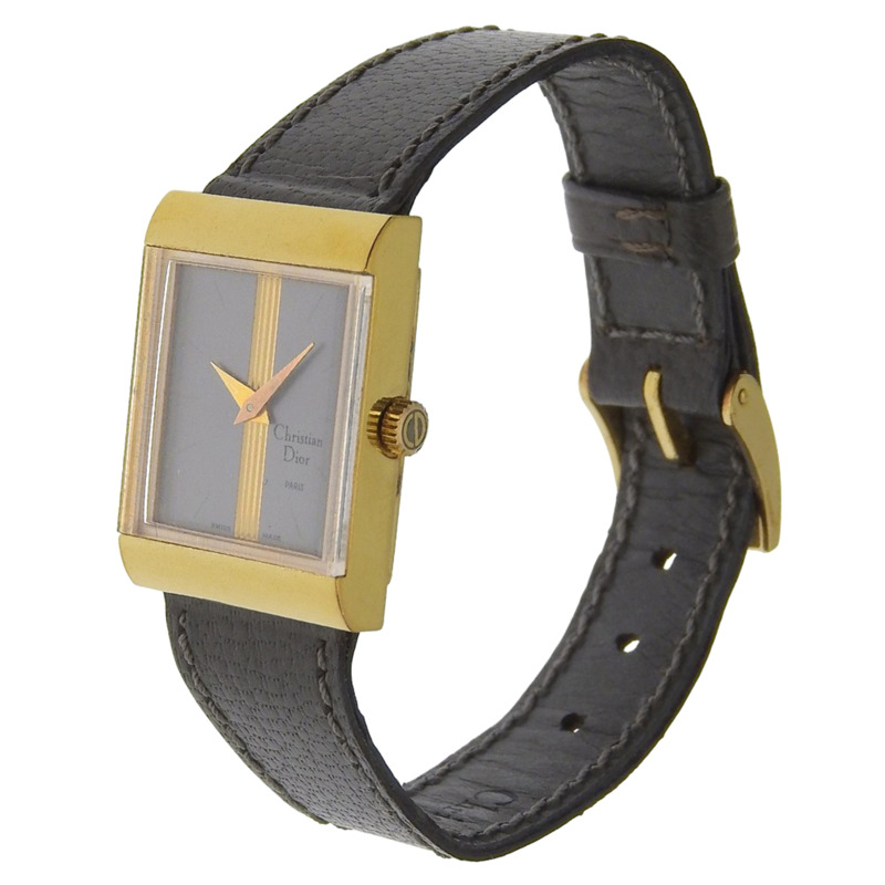 Christian Dior 復古腕錶 33212，鍍金皮錶帶，手動上鍊，指針式顯示，灰色錶盤，女士款-1