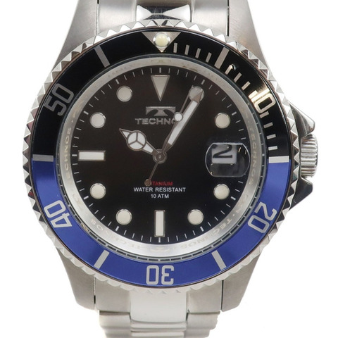 Technos T4323 男士鈦金屬黑色石英模擬顯示手錶，附錶盤