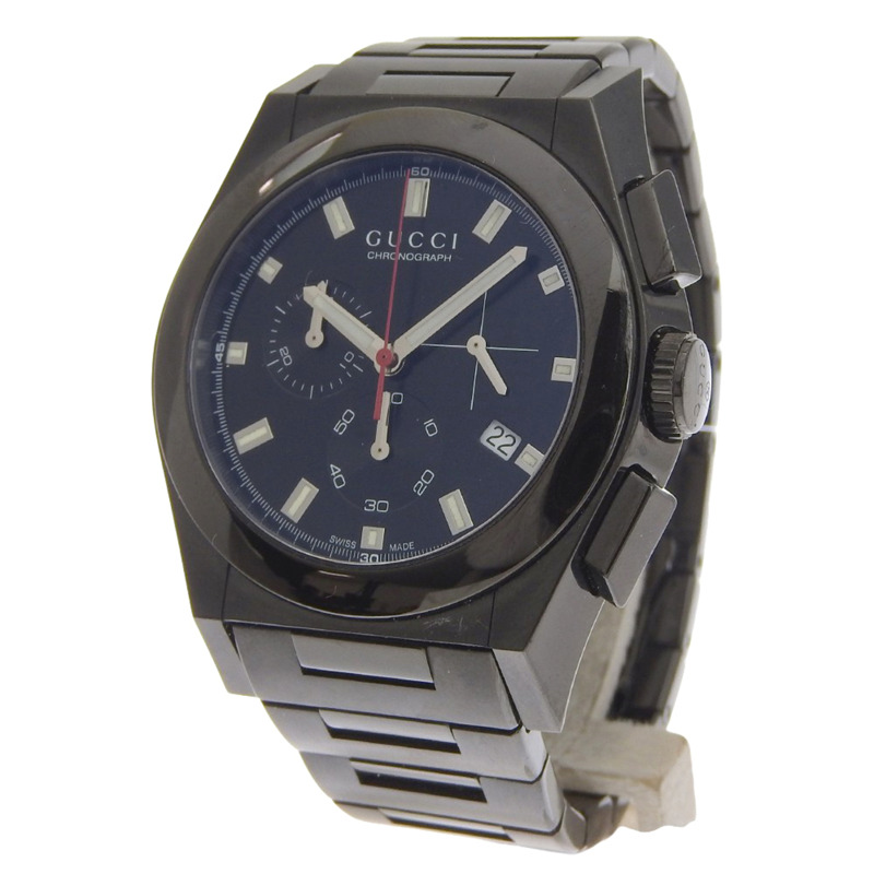 Gucci Pantheon 男士腕錶，115.2 不鏽鋼材質，黑色石英計時錶盤-1