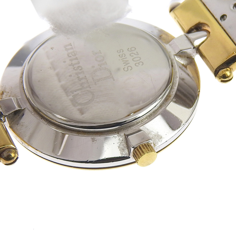 迪奧 (Christian Dior) 3026 女士腕錶，不鏽鋼錶殼，鍍金銀色石英機芯，指針式顯示，黑色錶盤。-7