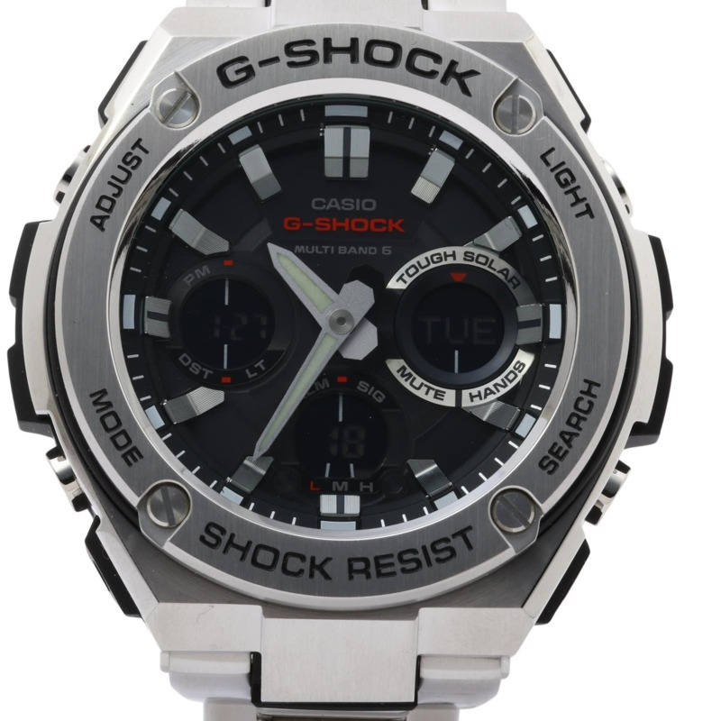 卡西歐 G-SHOCK G-STEEL GSTW100 系列男士腕錶 (GSTW110D1AJF),黑色和銀色樹脂錶帶搭配不鏽鋼錶殼。-0