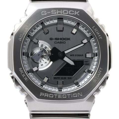 卡西歐 G-SHOCK 精美金屬系列 2100 系列類比數位雙顯腕錶 GM2100YM8AJF 銀色樹脂不鏽鋼男士腕錶