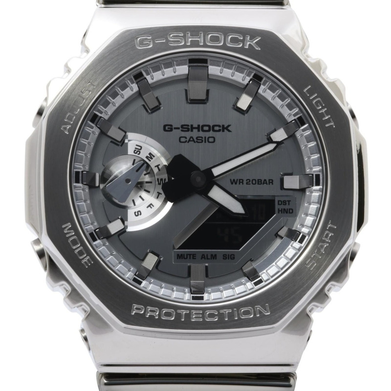 卡西歐 G-SHOCK 精美金屬系列 2100 系列類比數位雙顯腕錶 GM2100YM8AJF 銀色樹脂不鏽鋼男士腕錶-0