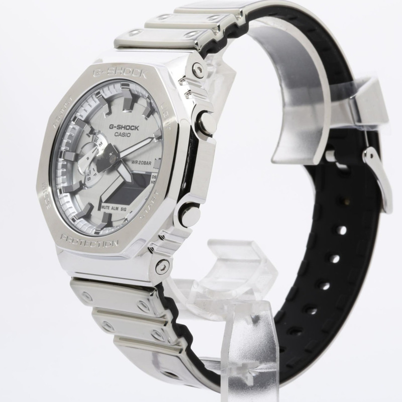 卡西歐 G-SHOCK 精美金屬系列 2100 系列類比數位雙顯腕錶 GM2100YM8AJF 銀色樹脂不鏽鋼男士腕錶-1