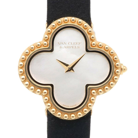 二手梵克雅寶 Alhambra 手錶，18k 金，石英機芯，136574，女士款，飾有珍珠母貝。