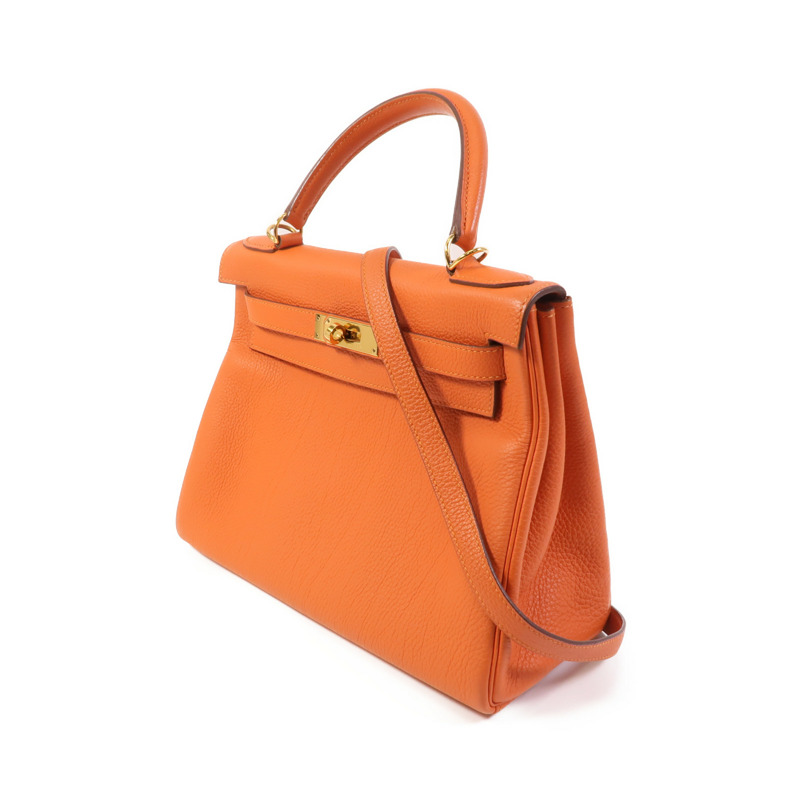 HERMES Togo皮革Kelly 28金扣手挽肩背兩用袋Orange-2