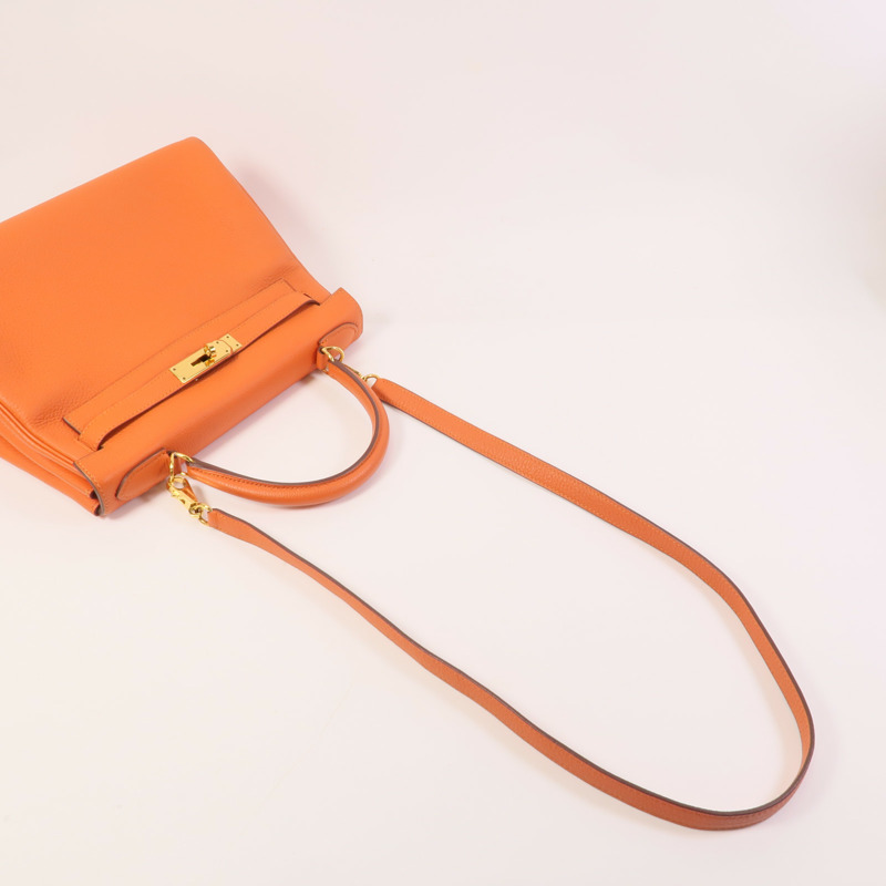 HERMES Togo皮革Kelly 28金扣手挽肩背兩用袋Orange-9