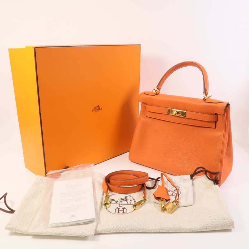 HERMES Togo皮革Kelly 28金扣手挽肩背兩用袋Orange-16