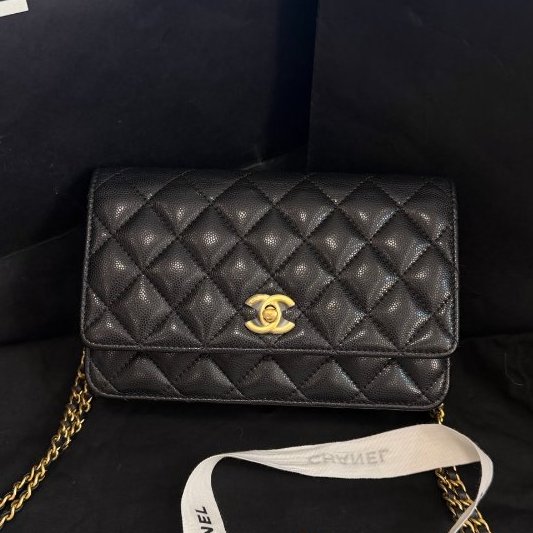 近新品 香奈兒/Chanel CF WOC 菱格紋黑金荔枝牛皮鏈條包 芯片款-5