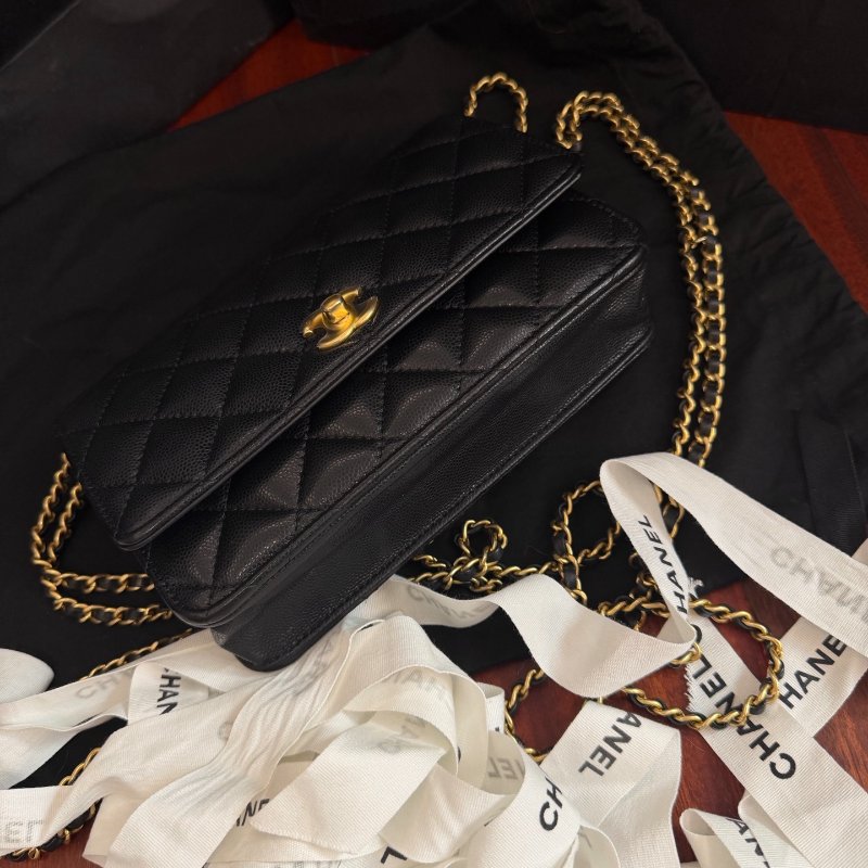 近新品 香奈兒/Chanel CF WOC 菱格紋黑金荔枝牛皮鏈條包 芯片款-7