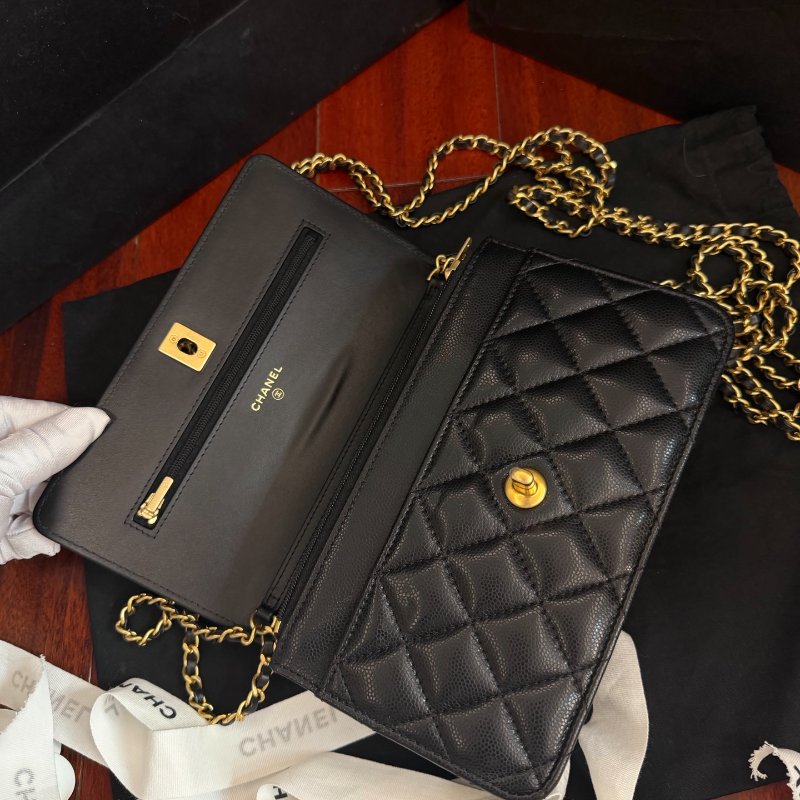 近新品 香奈兒/Chanel CF WOC 菱格紋黑金荔枝牛皮鏈條包 芯片款-8