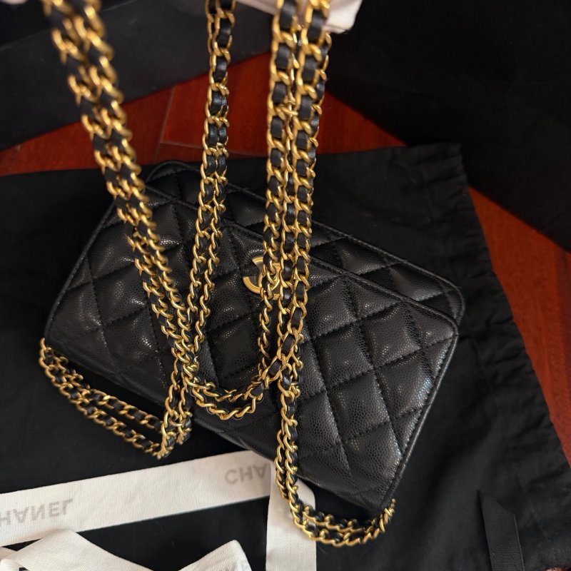 近新品 香奈兒/Chanel CF WOC 菱格紋黑金荔枝牛皮鏈條包 芯片款-9