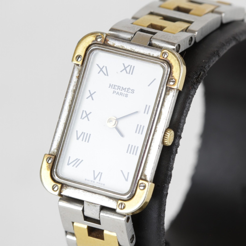 愛馬仕 Croixeur 長方形腕錶殼 女士銀色金色石英錶-1