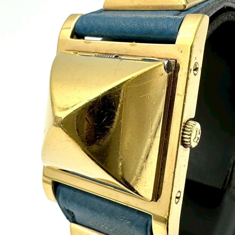 愛馬仕 Medor 手鐲腕錶 ME1.201 GP 皮革石英藍色女士腕錶-0