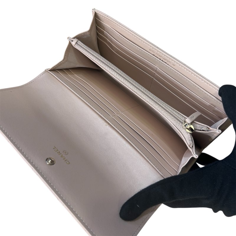 CHANEL 杏色羊皮菱格紋信封式長夾-8