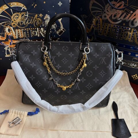 全新品 路易威登/Louis Vuitton Speedy Soft30 黑色老花壓紋枕頭包 芯片款