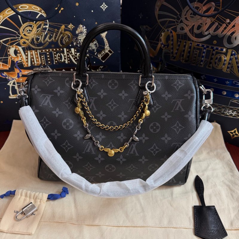 全新品 路易威登/Louis Vuitton Speedy Soft30 黑色老花壓紋枕頭包 芯片款-5