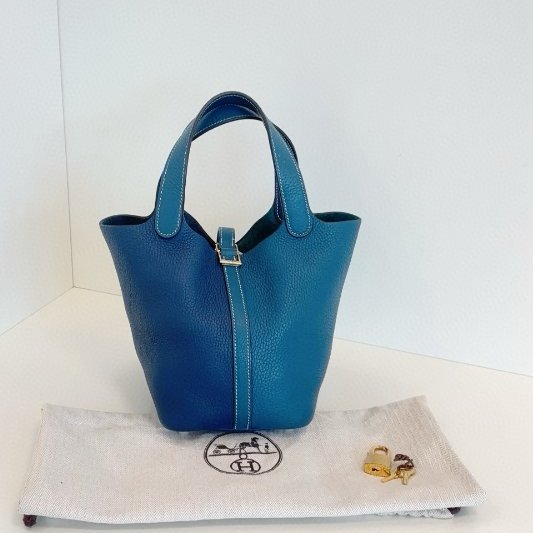 Hermes愛馬仕 Picotin拼色菜籃子18 深邃藍拼博斯普魯斯綠金扣 手提包-1