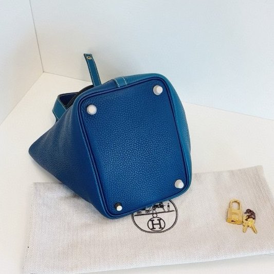 Hermes愛馬仕 Picotin拼色菜籃子18 深邃藍拼博斯普魯斯綠金扣 手提包-7