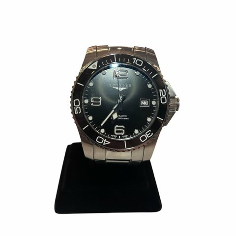 LONGINES銀色黑面機械鍊帶錶