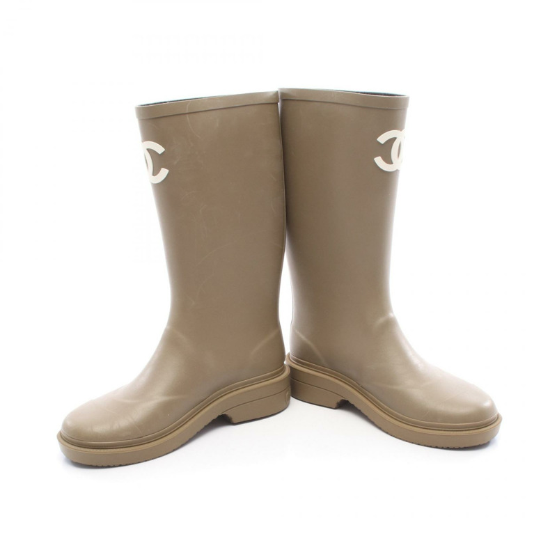 香奈兒 COCO 標誌雨靴，橡膠材質，卡其色，二手女款，35碼-2