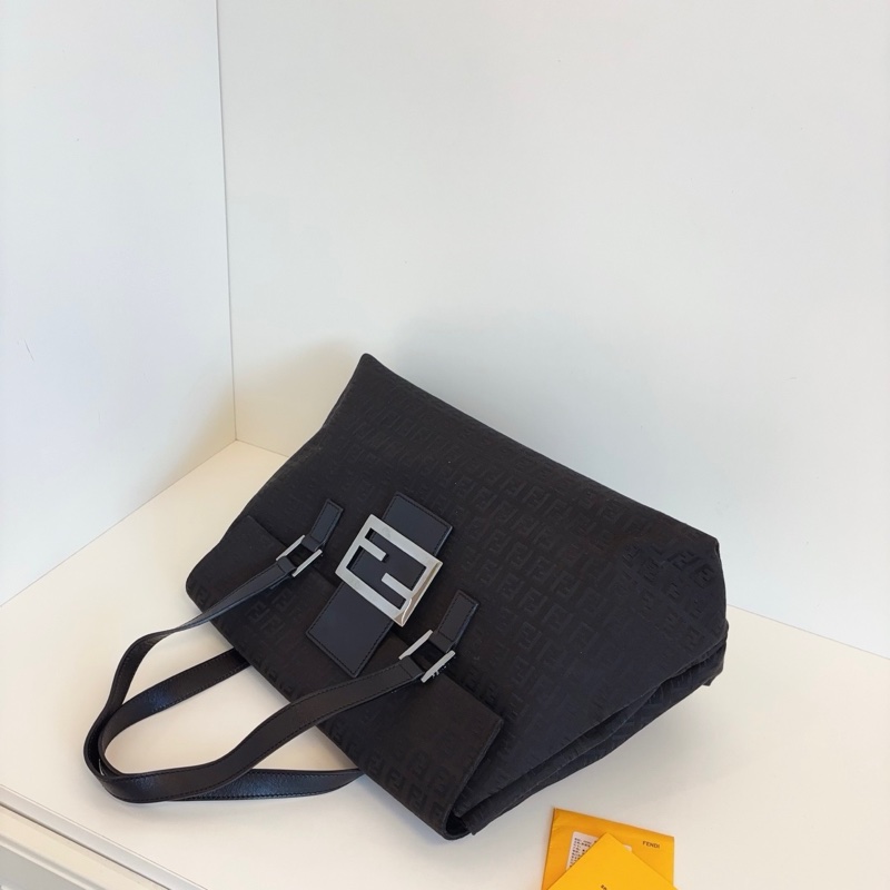 Fendi芬迪 黑銀老花帆布法棍大胖丁 公文托特包-5