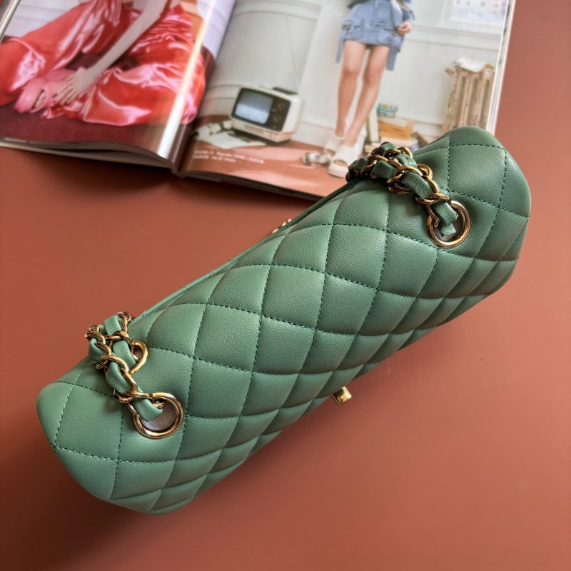 COCO 23 ::CHANEL:: 莫蘭迪綠 經典淡金雙C CF23 菱格紋口蓋包 鍊包 肩背包 斜背包-4