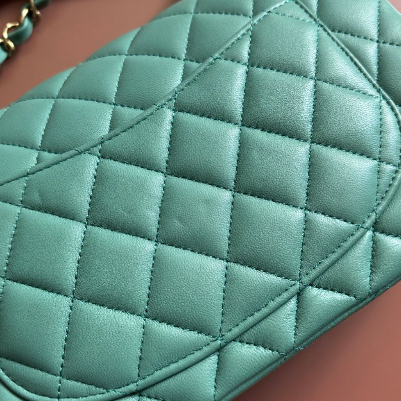 COCO 23 ::CHANEL:: 莫蘭迪綠 經典淡金雙C CF23 菱格紋口蓋包 鍊包 肩背包 斜背包-7