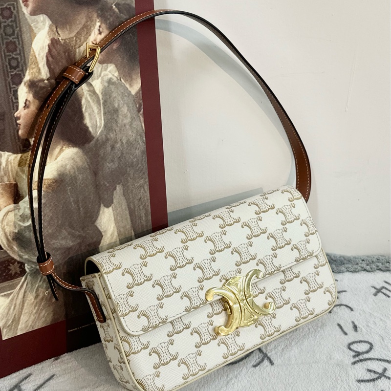 【全🆕】CELINE SHOULDER BAG CLAUDE Triomphe canvas calfskin White Logo 凱旋門印花牛皮革 斜挎包 單肩包-0