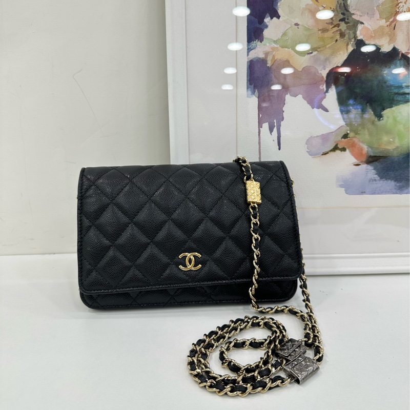 Chanel 香奈兒woc發財包,限定款包包Logo鏈條魚子醬面菱格黑金配色的香奈兒 晶片 有購證-1