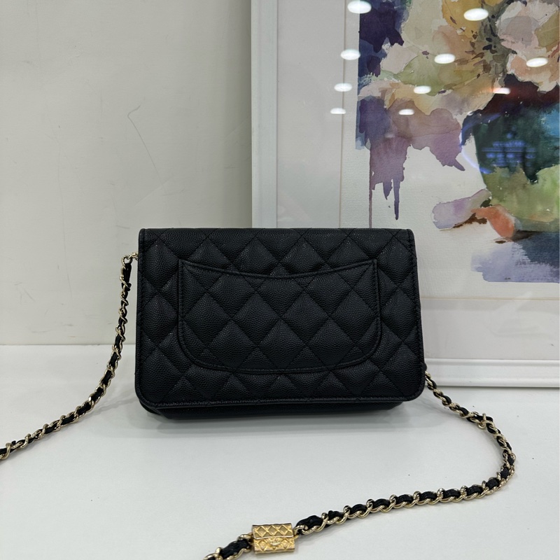 Chanel 香奈兒woc發財包,限定款包包Logo鏈條魚子醬面菱格黑金配色的香奈兒 晶片 有購證-2