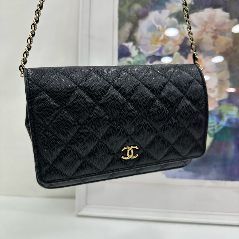 Chanel 香奈兒woc發財包,限定款包包Logo鏈條魚子醬面菱格黑金配色的香奈兒 晶片 有購證-5