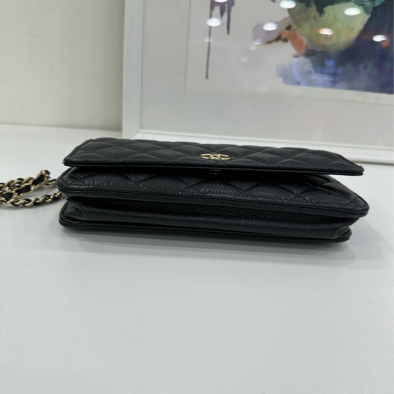 Chanel 香奈兒woc發財包,限定款包包Logo鏈條魚子醬面菱格黑金配色的香奈兒 晶片 有購證-6