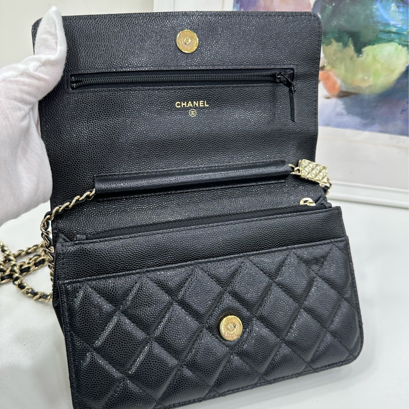 Chanel 香奈兒woc發財包,限定款包包Logo鏈條魚子醬面菱格黑金配色的香奈兒 晶片 有購證-7