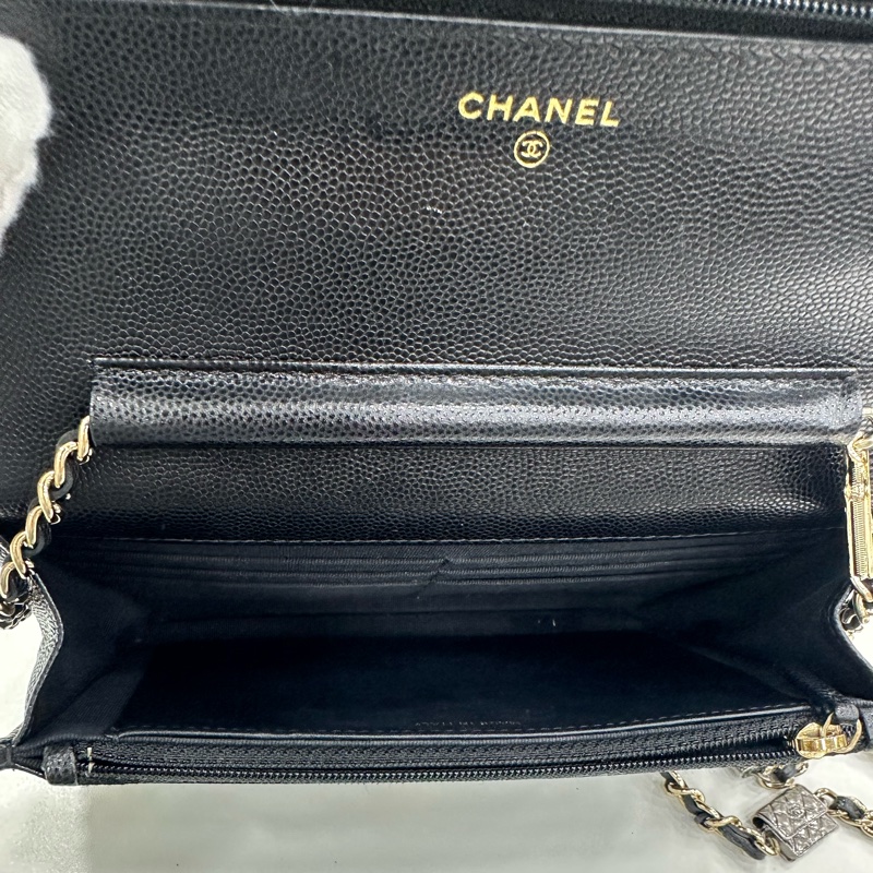 Chanel 香奈兒woc發財包,限定款包包Logo鏈條魚子醬面菱格黑金配色的香奈兒 晶片 有購證-8