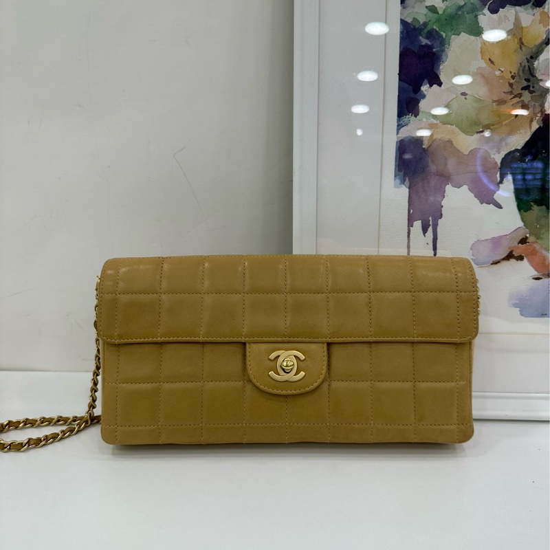 Chanel 香奈兒 vintage 冰格鏈條包 奶茶色 經典金扣 7位鐳射6字頭 尺寸26x13x4cm-1